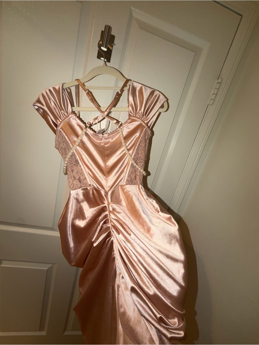 Pearl-Embellished Satin & Lace Dress in Blush Pink - Picture 7 of 7